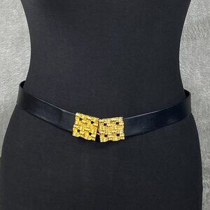 VTG Jeanne 1976 Women Fashion Belt S/M Black Adjustable Gold Basketweave Buckle